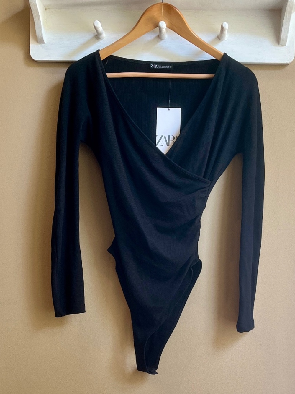 NWT Zara Draped Wrap Front Long Sleeve Bodysuit Black S